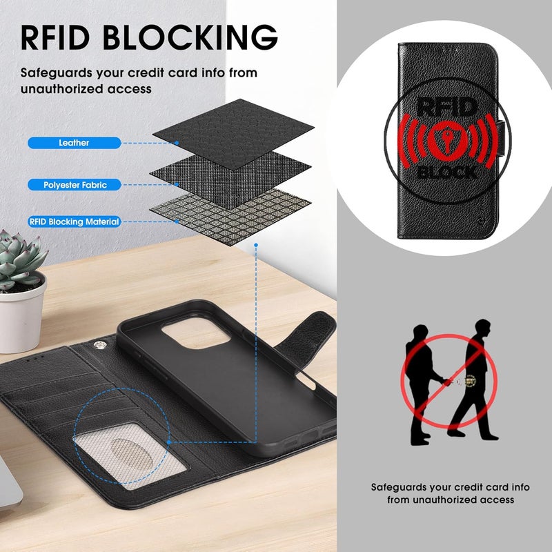 Arae Compatible with iPhone 16 Pro Max Case Wallet with Card Holder, Wristlet Strap Wallet Flip Cover for iPhone 16 Pro Max 6.9 inch Men/Women, RFID Blocking, Kickstand,Litchi Black - Image 4